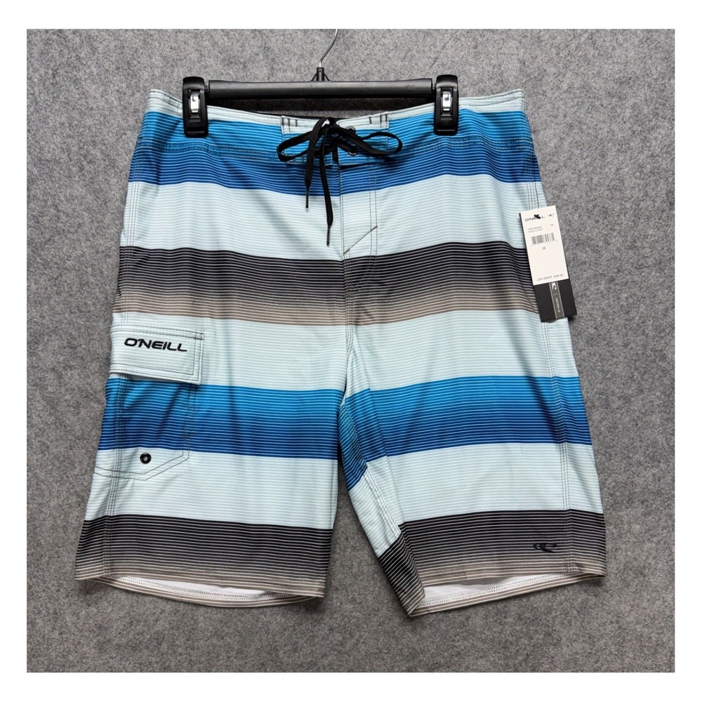O'Neill Mens Blue Striped Board Shorts Size 32 Swim Trunks Cargo Pocket Beach